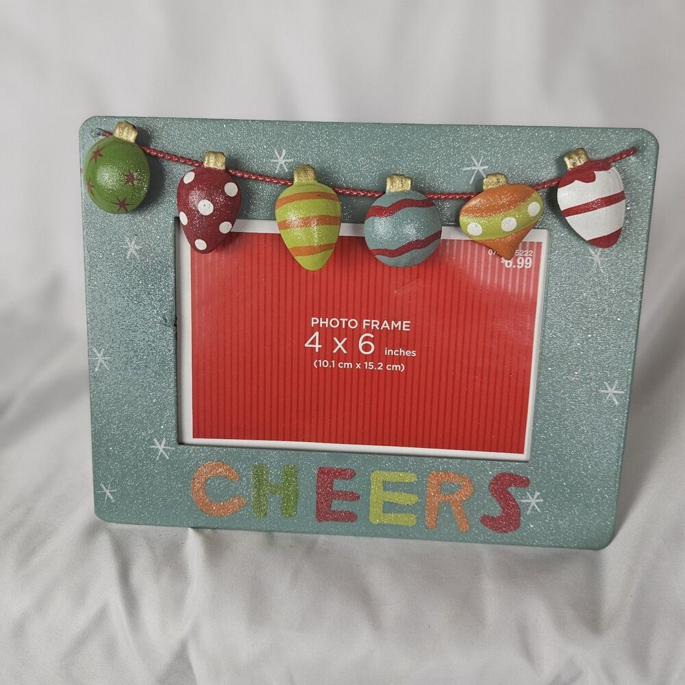 Holiday Xmas 4x6 photo frame cheers string light bulb